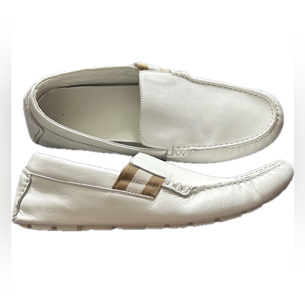 Gucci Size 9 Men’s White Leather Loafers Driving Shoes with Tan Accent